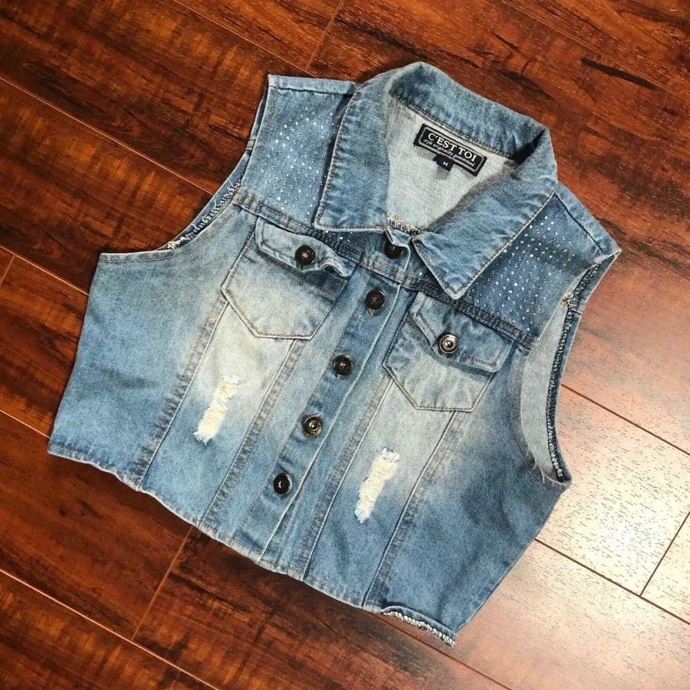 Light Blue Destroyed Cropped Jean Vest Top